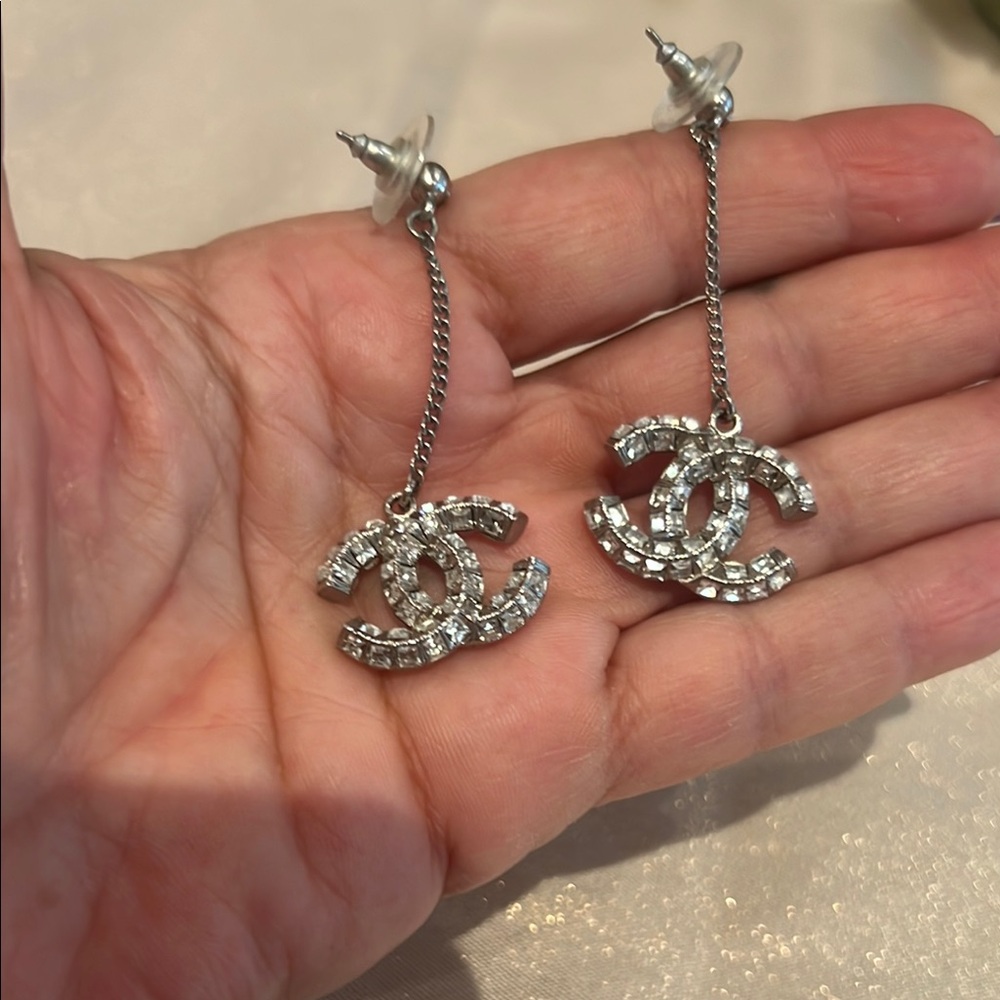 CHANEL Silver Crystal Logo Earrings